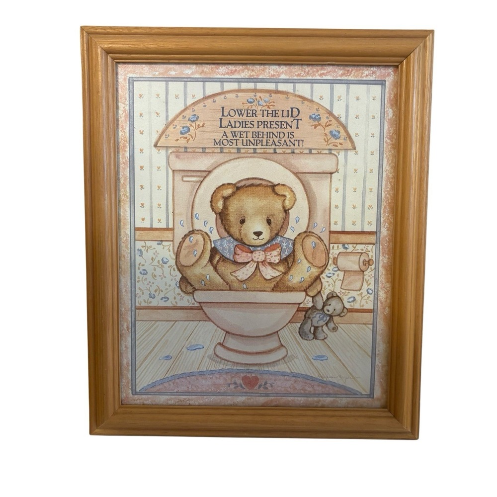 Vtg 1990s Country Teddy Bear Novelty Bathroom Sign Cottagecore Framed Print
